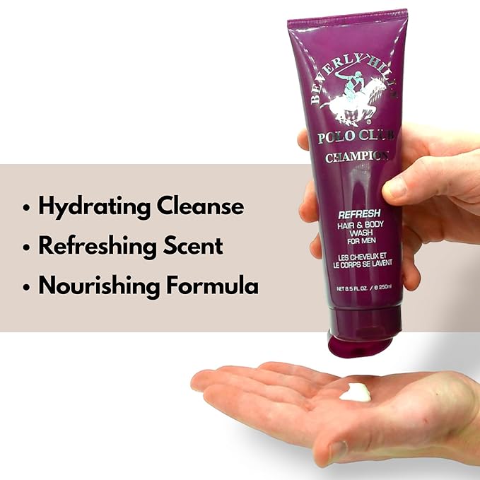 Beverly Hills Polo Club Refreshing and Cleansing Hair and Body Wash for Men with Luxury Designer Scents BHPC 8.5 oz (Champion)