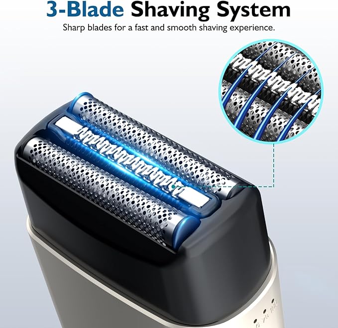 Electric Foil Shaver,3 Blade Shaving System,IPX7 Waterproof,Type-C Charging,Use for 45 Days,Battery Indicator,Magnetic Connection,Electric Shaver for Men