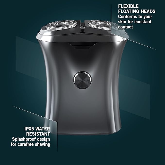 Perry Ellis Electric Shaver for Men, Cordless Shaver with Twin Rotary-Blade Head, IPX5-Rated Rechargeable Razor with 1-Hour Battery Life, Includes Protective Cap, Cleaning Kit, and USB Cord, Silver
