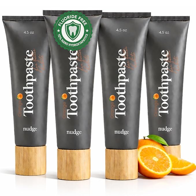 Nudge 10% Nano Hydroxyapatite Toothpaste, Remin+ with Vitamin E, Fluoride-Free, SLS Free, Helps Remineralize Enamel, Supports Dry Mouth Relief and Sensitive Teeth, Orange, 4.5 oz (Pack of 4)