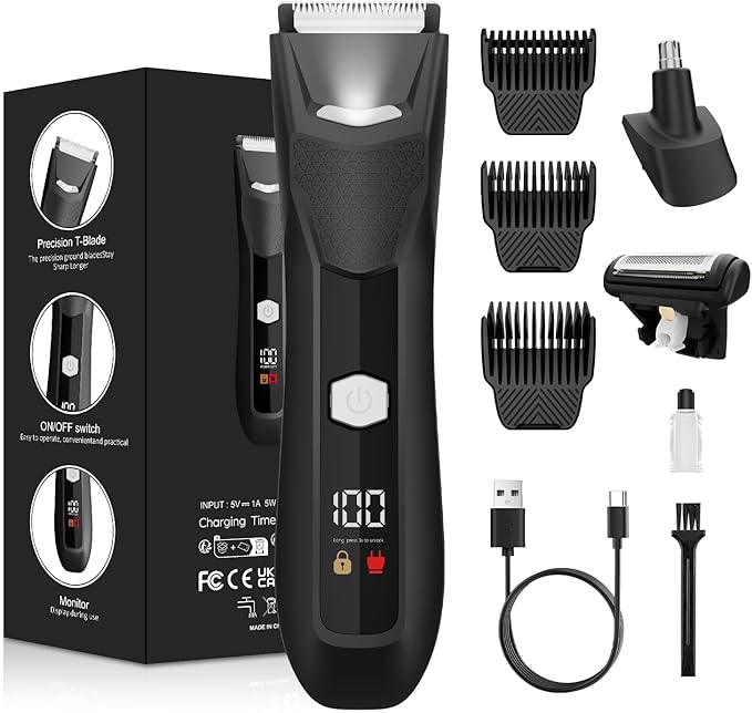 Body Hair Trimmer for Men, 3 in 1 Electric Ball Groin Razor Shaver, Pubic Hair Trimmer for Wet/Dry Use, Cordless Charging Mens Groomer Kits with Led Spotlight