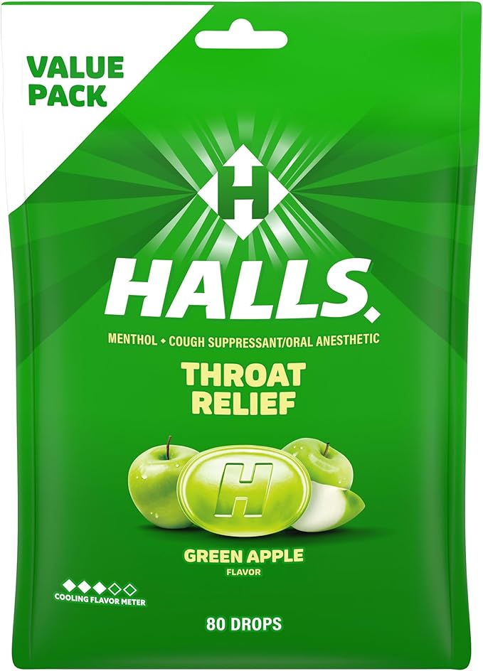 Halls Throat Relief Green Apple Cough Drops, Value Pack, 80 Drops