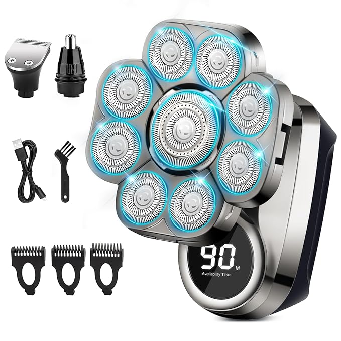 9D Head Shavers for Bald Men, Electric Shaver for Men,6 in 1 Mens Grooming Kit with Nose Hair Trimmer, Beard Trimmer,Waterproof Wet/Dry Rotary Shaver,Gift for Father, Husband, Boyfriend