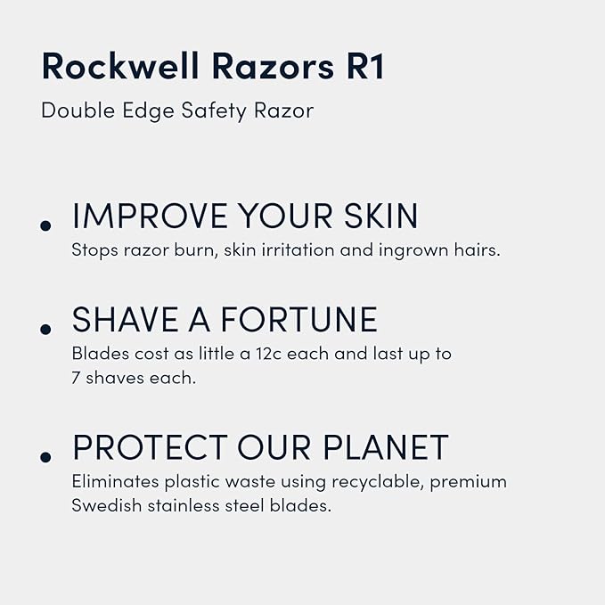 Rockwell Razors R1 Double Edge Safety Razor in White Chrome. Beginner-Friendly for a Smooth, Comfortable Shave. Twist-To-Open handle for Easy Blade Loading. Includes 5 Recyclable Safety Razor Blades.