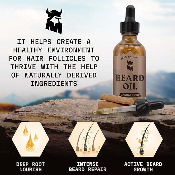 Striking Viking Natural Sandalwood Beard Oil for Men - 2 Fl Oz - Hydrating & Softening Beard Care - Non-Greasy Fast Absorbing with Tea Tree Oil - Nourishing Jojoba & Argan Extracts