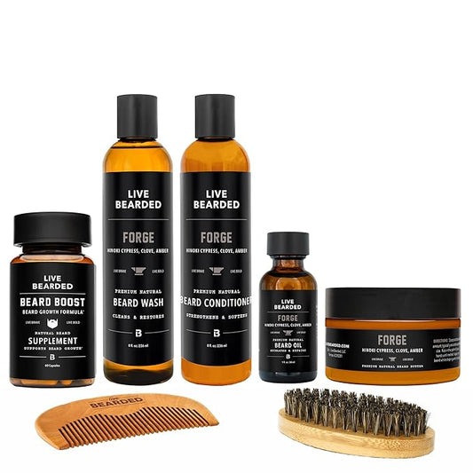 Live Bearded Total Beardsman Kit - Complete Beard Growth Kit for Men - Beard Oil, Butter, Wash, Conditioner, Vitamins, Comb, Brush | Forge - Hinoki Cypress, Clove, Amber