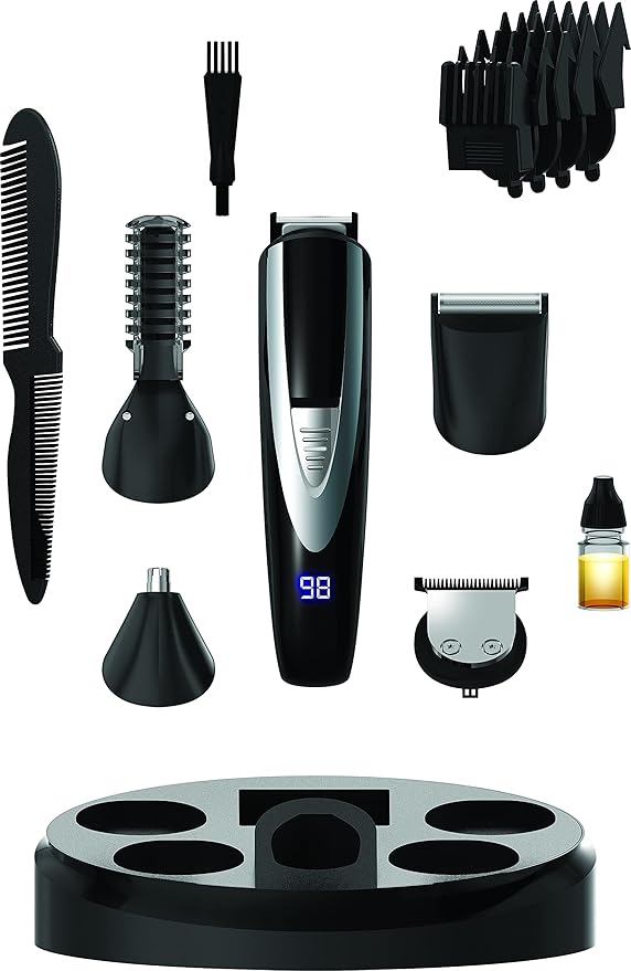 Perry Ellis 16-Piece Men’s Grooming Kit with Rechargeable Beard Trimmer & Electric Razor, Nose & Ear Hair Trimmer, Foil Shaver Head, LED Display, Charging Dock