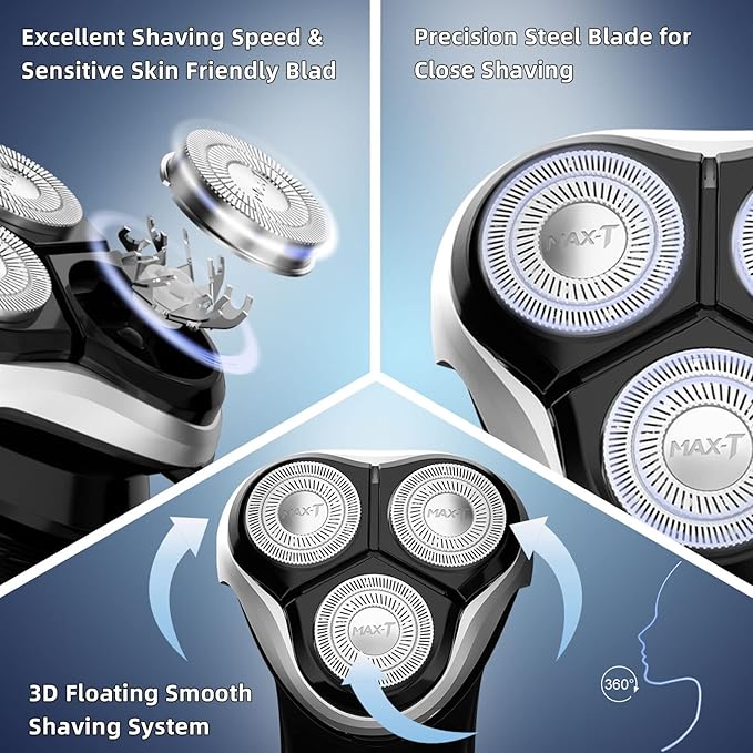 Electric Shaver Razor for Men, MAX-T Quick Rechargeable Wet Dry Rotary Shaver with Pop Up Trimmer and LED Display, IPX7 100% Waterproof (8101 with USB Cable)
