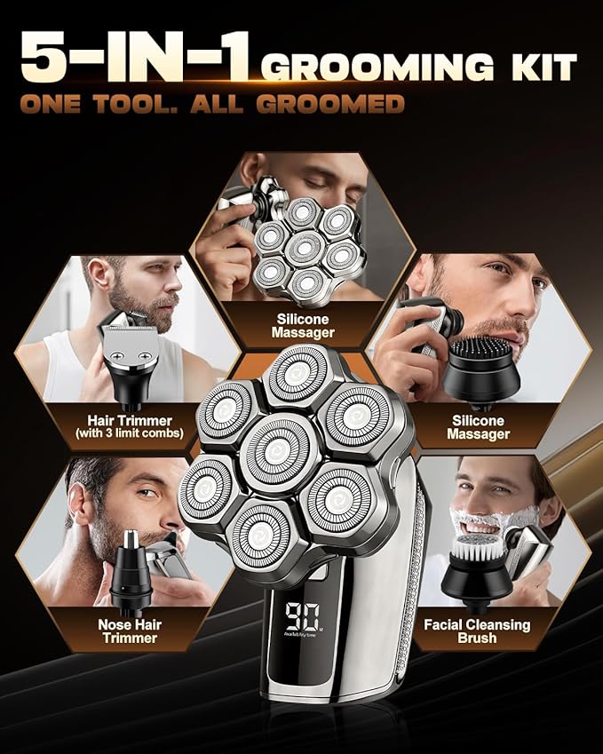 Head Shaver for Bald Men, 7D Upgraded Magnetic Detachable Blades, Wet & Dry IPX7 Waterproof Electric Razor, Fast Smooth Bald Shaving for Head & Face, 5-in-1 Grooming Kit