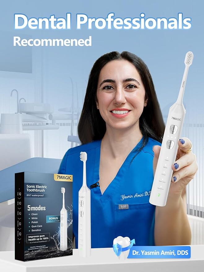 7MAGIC Sonic Electric Toothbrush for Adults and Kids - Up to 180 Days Runtime, 42000 VPM Powered Toothbrush, 5 Modes & 3 Intensities for Sensitive Teeth & Braces, Includes 8 Brush Heads, White