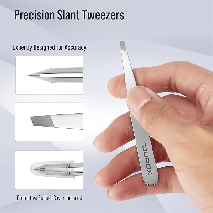 DUROX Precision Tweezers for Eyebrows – Slant Eyebrow Tweezers for Women and Men, Made of Stainless Steel with Fine Slant Tips for Eyebrow and Hair Removal