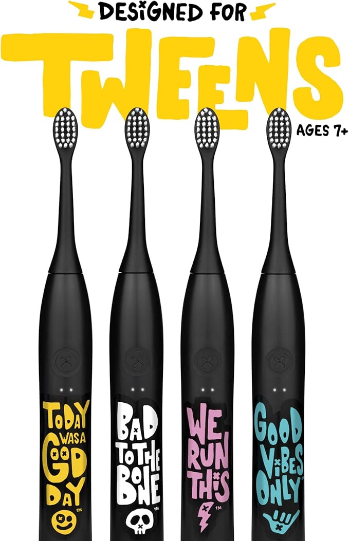 Made by Dentists Sonic X Electric Toothbrush – Rechargeable Kids Sonic Toothbrush, 8X Plaque Removal, 2 Speed Modes, 2-Minute Time, 6 Brush Heads Included, Tweens Ages 7+, Today was A Good Day Edition
