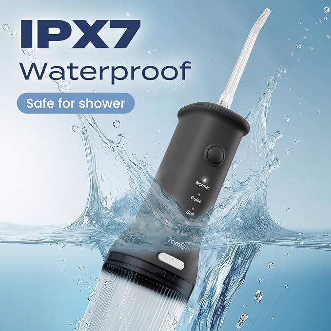 7AM2M Water Dental Flosser Cordless for Teeth with 3 Modes, Rechargeable Travel Portable Cleaner (Black)