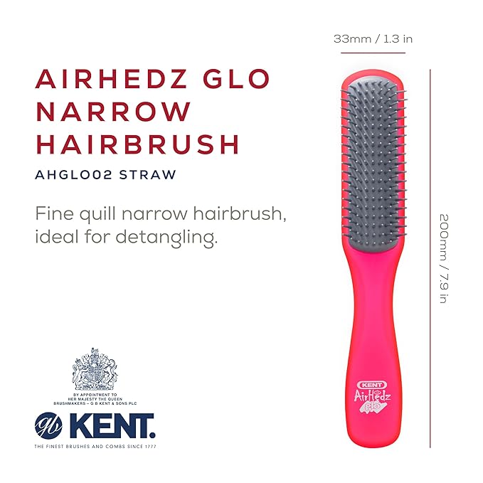 Kent AHGLO02 Airhedz Glo Red Half Round Narrow Detangling Hair Brush - 9 Row Ionic Anti Static Non Scratch Long Nylon Bristle Great for Detangling and Smoothing Medium to Long Length Hair