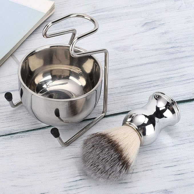 Shaving Brush Set, 3 in 1 Straight Razors Stand, Stainless Steel and Plastic Shaving Brush Holder for Household and Traveling (38092)