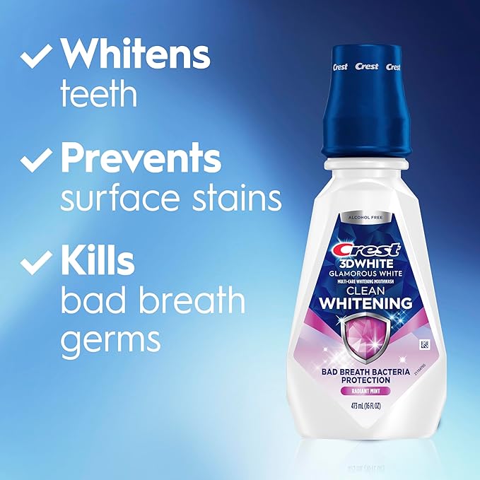 Crest 3D White Glamorous White Alcohol Free Multi-Care Whitening Mouthwash, Hydrogen Peroxide Mouthwash, Arctic Mint, 16 fl oz (473 mL) - Pack of 4, Crest Mouthwash