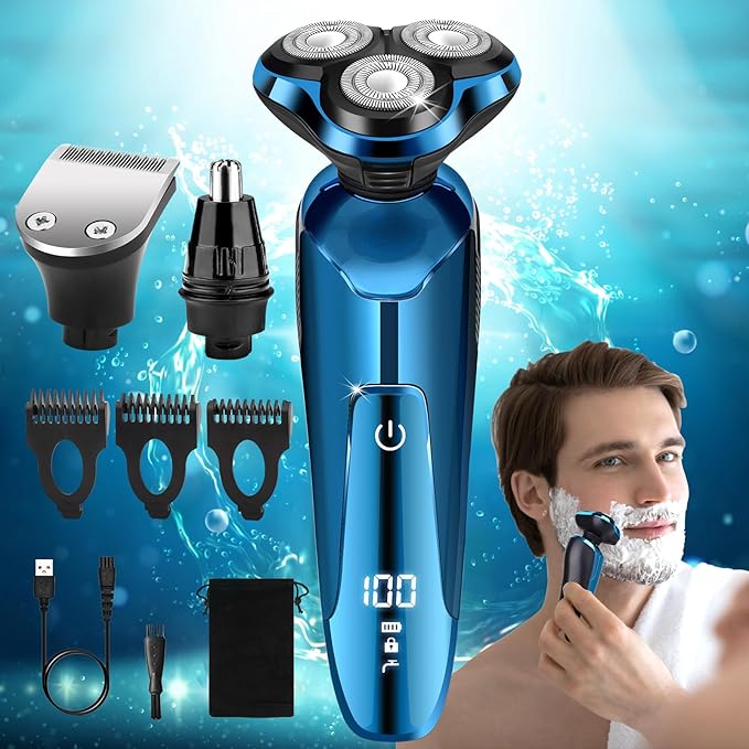 Electric Shavers for Men, Electric Razor for Men Cordless Rechargeable 3D Rotary Bald Head Shaver, Wet/Dry Mens Shaver, Waterproof Mens Razor for Shaving, Gifts for Husband, Dad, Boyfriend (Blue)