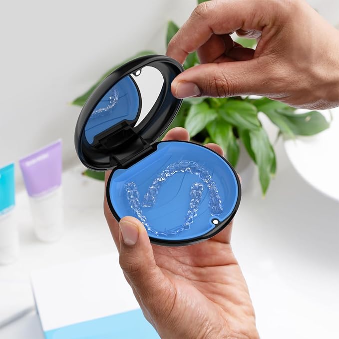 2 Pack Retainer Case with Mirror, Compatible with Invisalign, Orthodontic Aligner Case with Removal Tool and Brush, Black