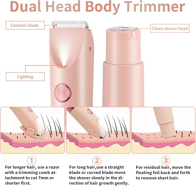 Bikini Trimmer for Women，Dual Head Women Shaver IPX6 Waterproof Cordless Pain Free Hair Removal with Safety Lock Trimmer for Smooth Skin Ideal for Bikini Area Body and Facial Hair (Pink)