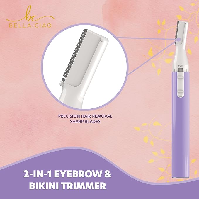Bella Ciao Eyebrow and Bikini Trimmer for Women, Gentle Electric Facial-Hair Removal Device with Dual-Sided Trimming Guide and Protective Cap, Portable Precision Facial-Hair Trimmer, Battery Operated