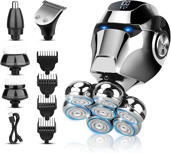 Electric Shaver for Bald Men, 6 in 1 Floating Head Razor with Nose Hair, Sideburns Trimmer, Face Brush, Upgrade 7D Electric Razor for Men with Type-C Charger, LED Display & Waterproof