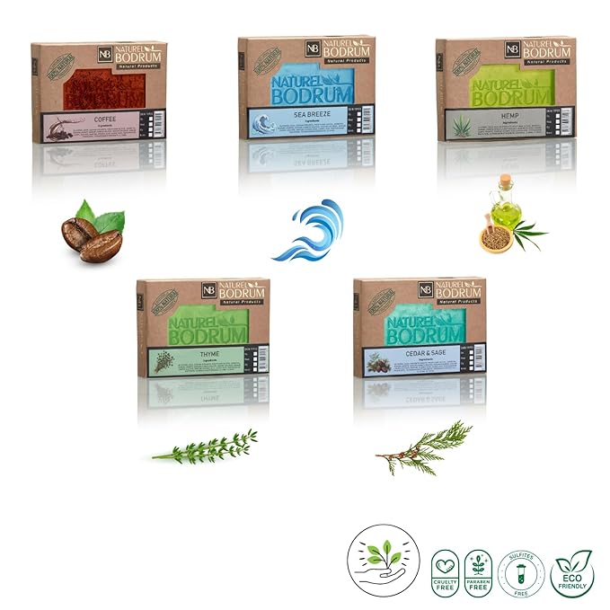 Men's Organic Exfoliating Pack of 5 Glycerin Soap Bars Set - Cedar Sage, Coffee, Thyme, Sea Breeze & Hemp with Retinol + Vitamin C for Skin Renewal, Beard Prep & Post-Workout Refreshment