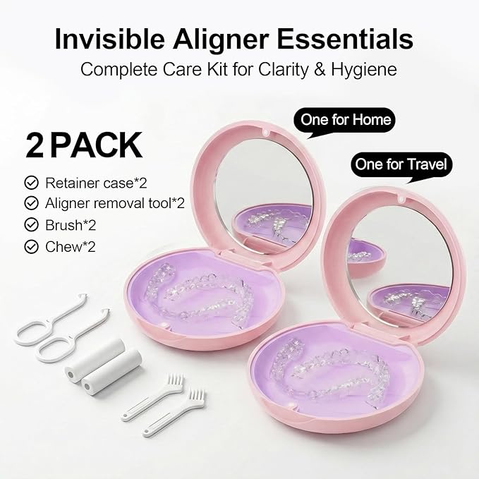 2 Pack Retainer Case with Mirror, Magnetic Aligner Case Compatible with Invisalign, Portable Slim Orthodontic Storage Kit for Clear Aligners - Pink