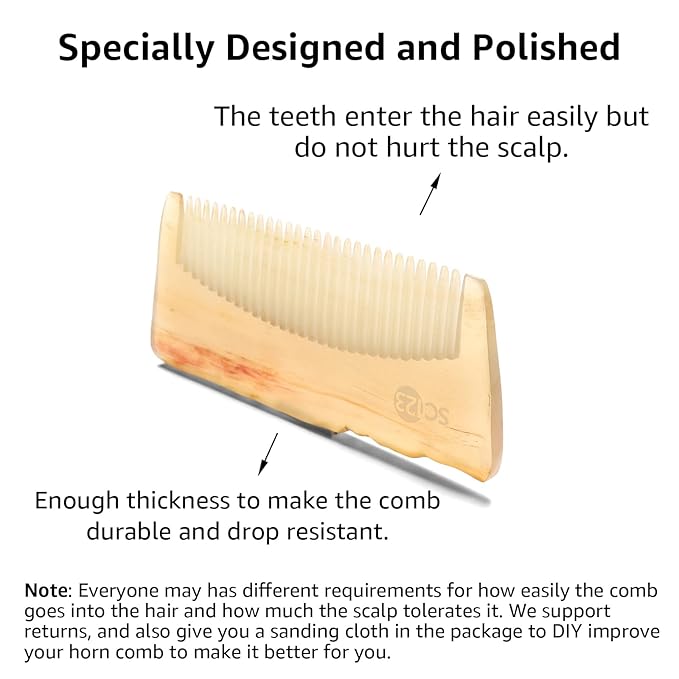 Untreated Real Ox Horn Comb – 3.9 Inch Handmade Combs for Beard, Mustache, and Hair – Small Travel Pocket Combing for Men, Kids, and Children – Anti-static, Detangling, Scalp Massage Gua Sha