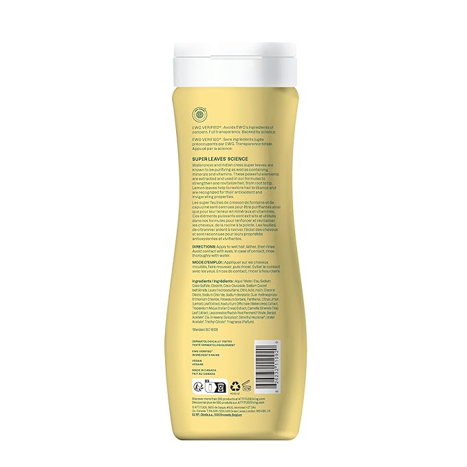 ATTITUDE Clarifying Hair Shampoo, EWG Verified, Restores Shine, Naturally Derived Ingredients, Vegan and Plant Based, Lemon Leaves and White Tea, 16 Fl Oz