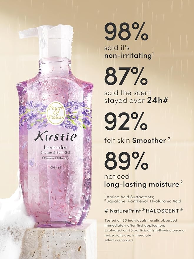 Kustie Lavender Petal Body Wash with 345 Real Provence Petals, Tea Tree Oil, Squalane & Hyaluronic Acid | Acne-Fighting, Calming & Hydrating Cleanser | Vegan, Sulfate-Free | 12.8 Fl Oz