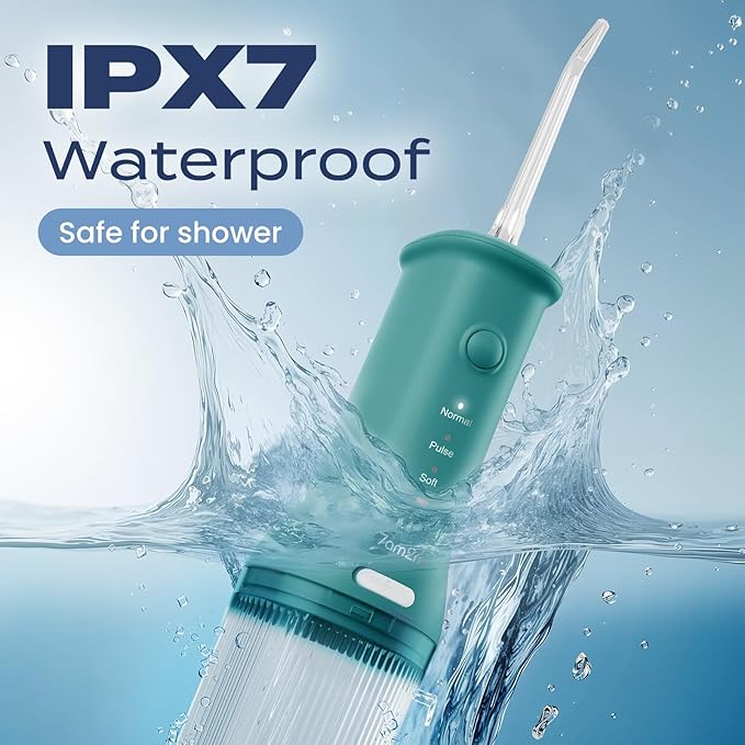 7AM2M Portable Cordless Water Flosser, Oral Irrigator with 3 Modes & 2 Tips (Peacock Green)