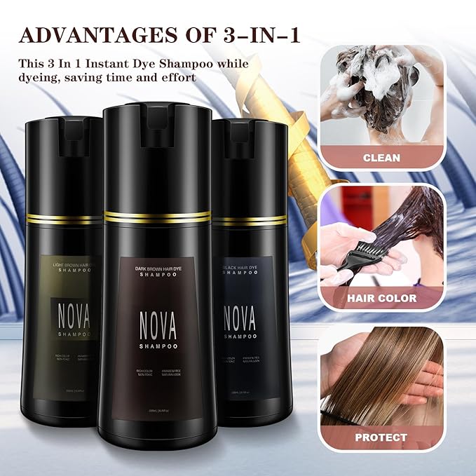 Hair Dye Shampoo & Champu Para Canas - Natural 3-in-1 Instant Gray Coverage for Men & Women (Dark brown-200ml)