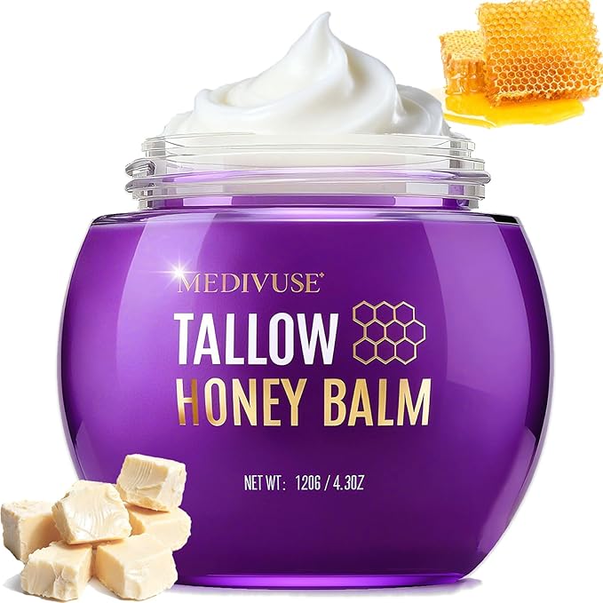 Tallow and Honey Balm - 100% Grass-Fed Beef Tallow for Skin with Organic - Deeply Moisturizing Beef Tallow for Face Body - Natural Formula Care for Dry & Sensitive Skin 4.3OZ, Whipped beef honey cream