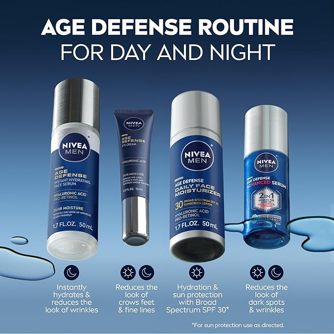 NIVEA MEN Age Defense Daily Face Moisturizer with Broad Spectrum SPF 30 Sunscreen, Pro-Retinol and Hyaluronic Acid, Beard-Friendly Face Lotion Helps Defend Against UVA/UVB Rays, 1.7 Fl Oz,(Pack of 2)