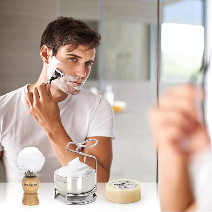 Shaving Brush Kit for Men, 4 in 1 Shaving Brush Set Includes Pure Badger Shaving Brush, Shaving Soap and Stainless Steel Shaving Bowl & Stand for Men’s Barber Shave Gift