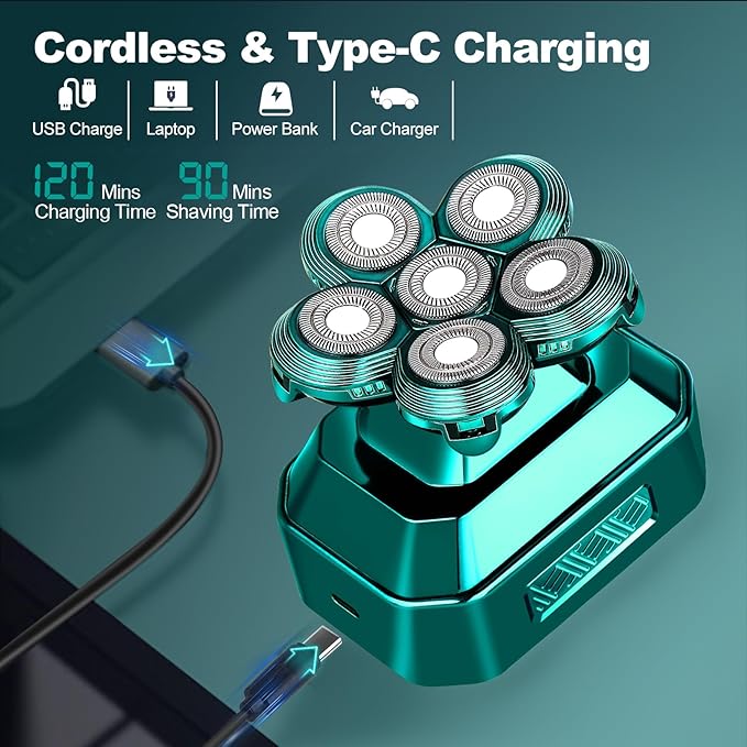 Head Shavers for Bald Men, IPX7 Waterproof Detachable Head Shaver,6D Electric Razor for Men, 6 in 1 Wet/Dry Rechargeable LED Shaving Kit with Type-C Charge