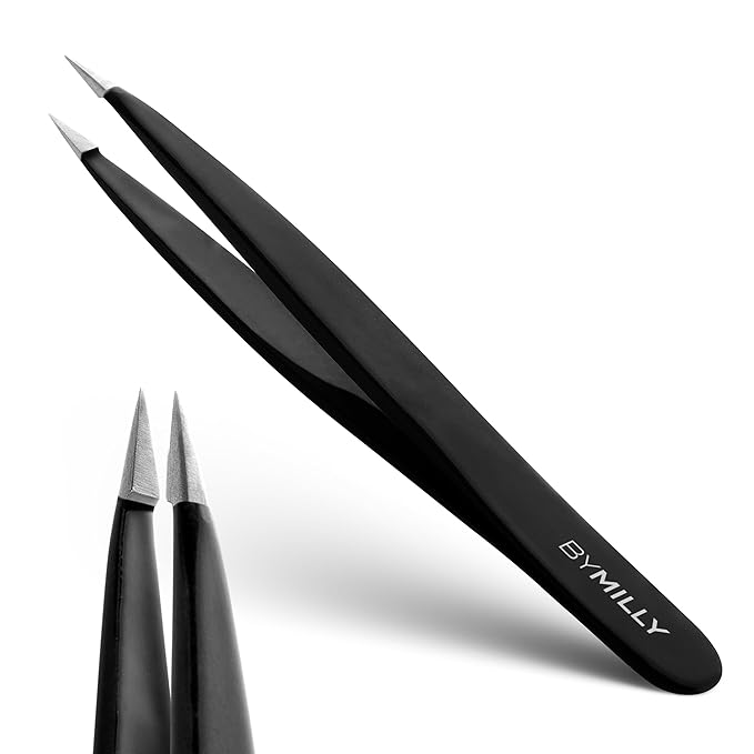 Pointed Tweezers | High Carbon Stainless Steel Needle Nose | Fine Point Precision Hair Removal | Perfectly Aligned & Hand-Filed Sharp | Black