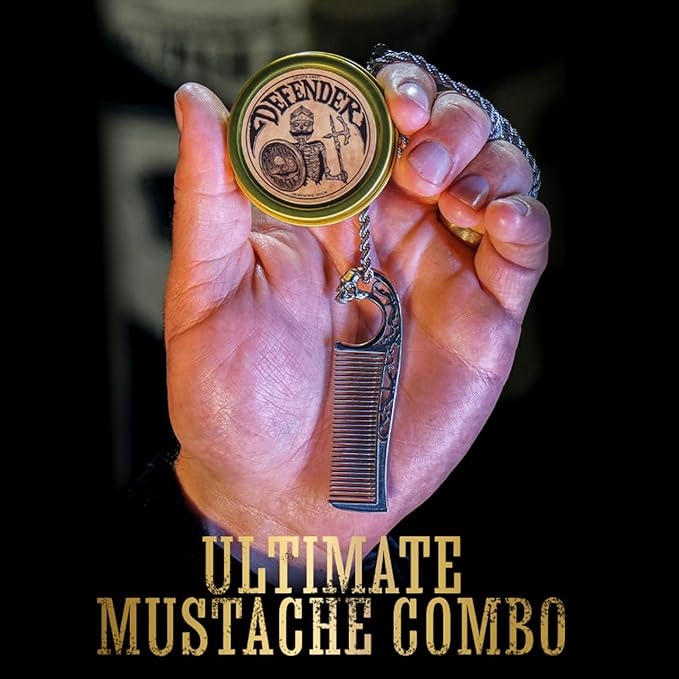 Defender Mustache Balm 1 oz Tin & Necklace Death Grip Mustache Comb Mens Combo Kit - Grooming For Men Handlebar Moustache