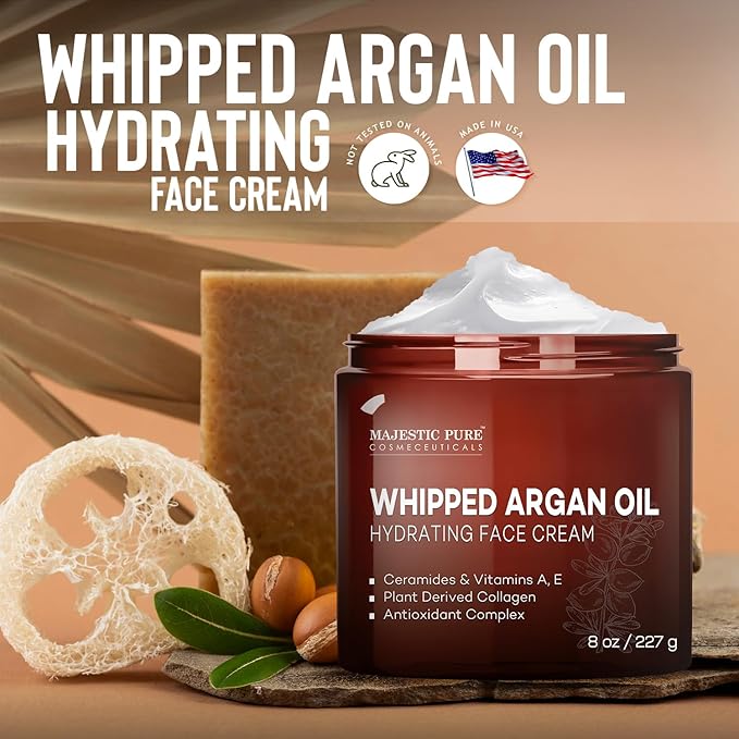 Majestic Pure Whipped Argan Oil Moisturizer Face Cream for Women & Men - With Vitamin E A, Collagen & Ceramides - Hydrates Dry Skin, Oily Skin, Reduces Appearance of Fine Lines – 8oz (Pack of 2)