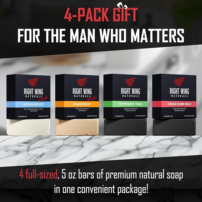 Right Wing Naturals Bar Soap Gift Set for Men | Handcrafted Cold-Pressed Soap | Handmade Organic Soap for Men | Most Popular Flavors | Natural Scented Men’s Bar Soap| Pack of 4 Bars (The Outdoorsman)