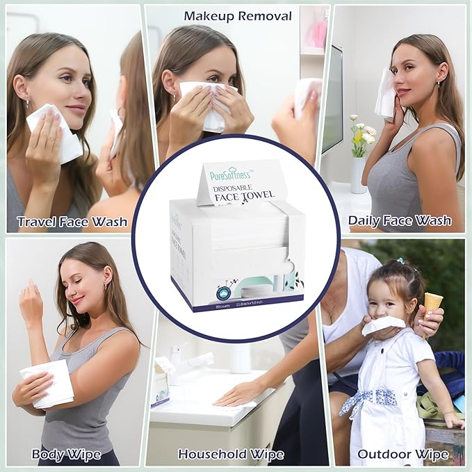Disposable Face Towel, Clean Towel, Extra Large 12" x 10", Soft Dry Wipe Face Wash, Makeup Remover, Biodegradable Towelette for Sensitive Skin 80 Count (1 Pack)