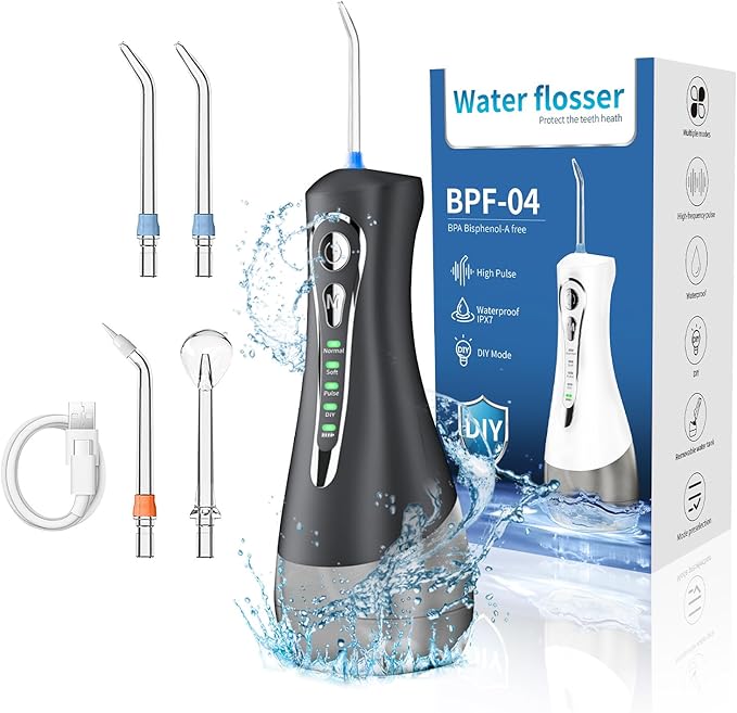 Water Flosser for Teeth Cleaning and Flossing 4 Modes DIY 4 Jet Tips Cordless Dental Electric Water Floss Portable Oral Rechargeable Advanced Tonsil Stone Irrigator Kids Adults Travel Braces