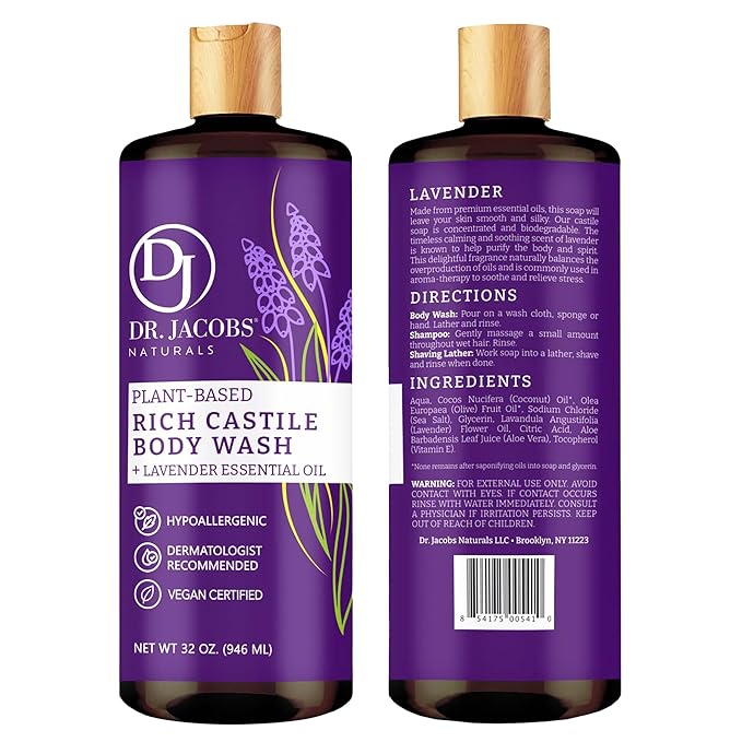 Dr. Jacobs Naturals Pure Castile Soap Liquid Body Wash, Lavender - Plant Based Soap Infused with Vitamin E and Aloe Vera to Moisturize Dry and Sensitive Skin - Made in The USA - 32 oz, Pack of 2