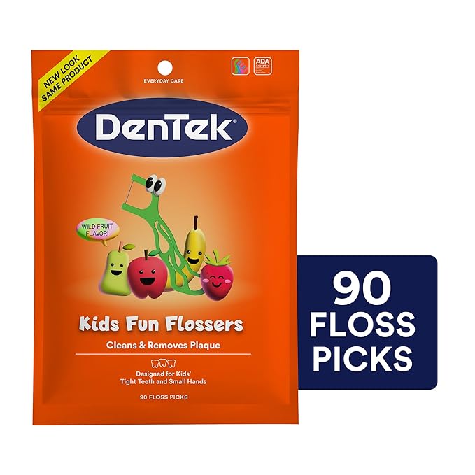 DenTek Fun Flossers – Kids Floss Picks with Wild Fruit Flavor, 90 Count (Pack of 2)