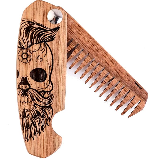 Beard Comb Personalized Gifts Anniversary Gift Wooden Brush Custom Comb Groomsmen Gift Hair Brush Pocket Brush Birthday Gift for Boyfriend (Walnut, Half Skull)