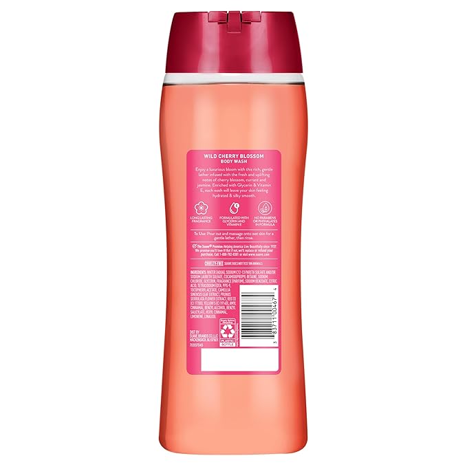 Suave Moisturizing Body Wash, with Wild Cherry Blossom and Vitamin E Extract, No Parabens, No Phtahaltes, 18 Oz Pack of 6