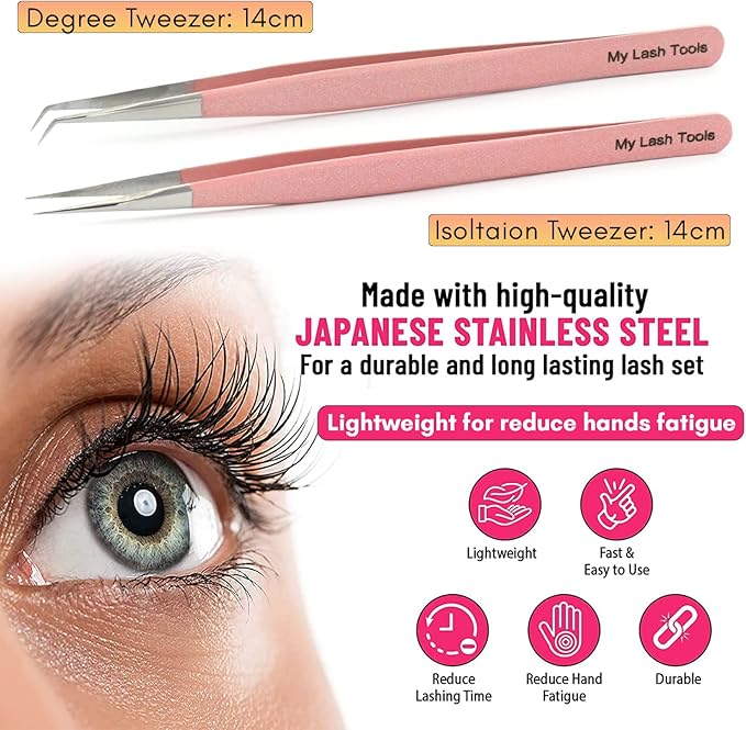 2pcs Straight & Curved Isolation Tweezers for Eyelash Extensions – 14cm Japanese Stainless Steel, Blush Pink, Best for Individual & Classic Lashes