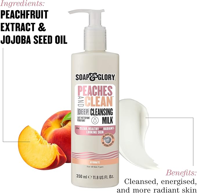 Soap & Glory Peaches & Clean Cleansing Milk - Gentle Face Cleanser + Makeup Remover with Jojoba Oil and Peach & Ginseng Extracts - Hydrating Face Wash for Women for Soft, Radiant Skin (11.8 oz)