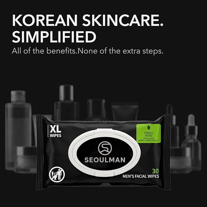 Seoulman Face Wipes for Men – All-In-One Skincare Cleansing Wipes with Niacinamide, Cica & Hyaluronic Acid – Alcohol-Free, pH Balanced – Extra Large, 30 Count