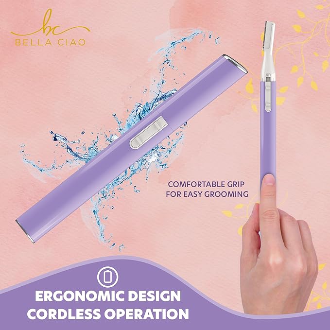 Bella Ciao Eyebrow and Bikini Trimmer for Women, Gentle Electric Facial-Hair Removal Device with Dual-Sided Trimming Guide and Protective Cap, Portable Precision Facial-Hair Trimmer, Battery Operated